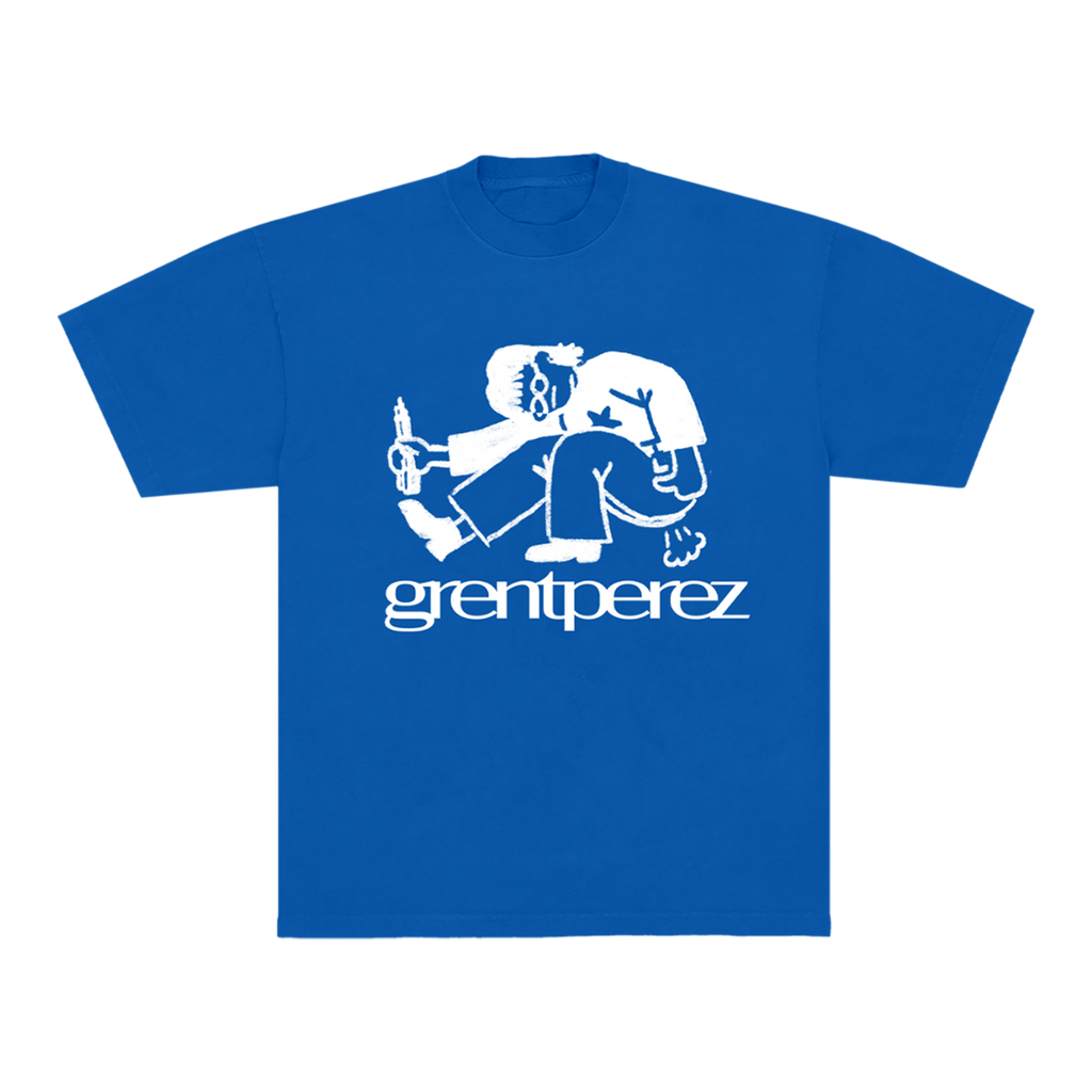 Blue t-shirt with white graphic and 'greentperez' text on the front