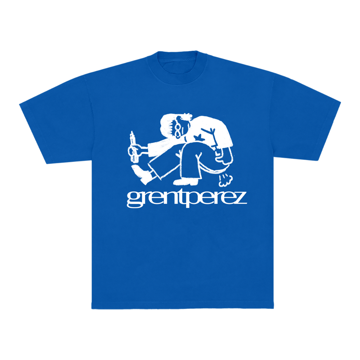 Blue t-shirt with white graphic and 'greentperez' text on the front