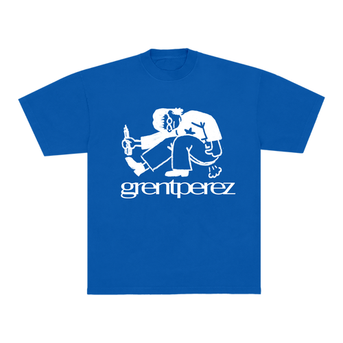 Blue t-shirt with white graphic and 'greentperez' text on the front