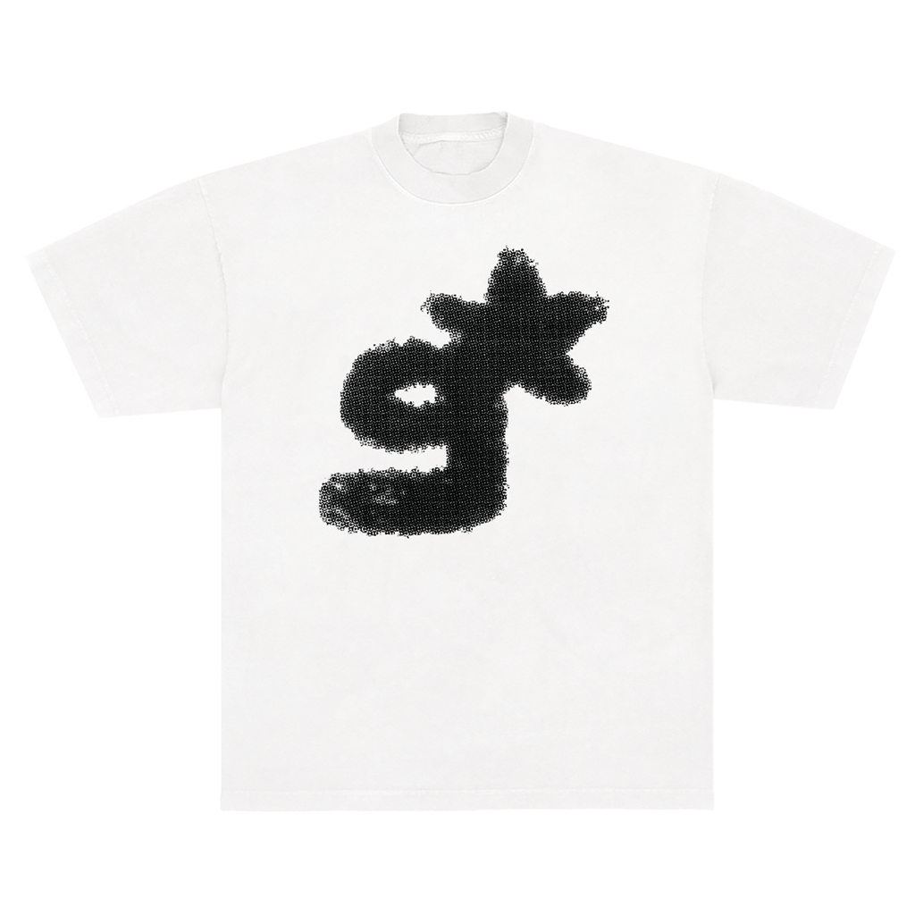 White t-shirt with a black graphic design 