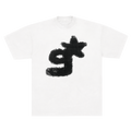 White t-shirt with a black graphic design 
