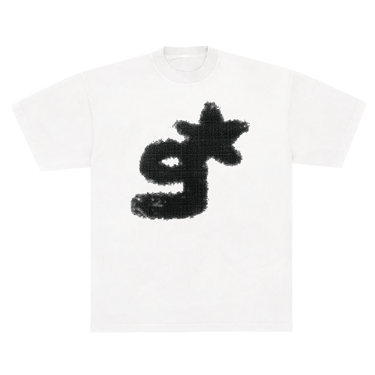 White t-shirt with a black graphic design 