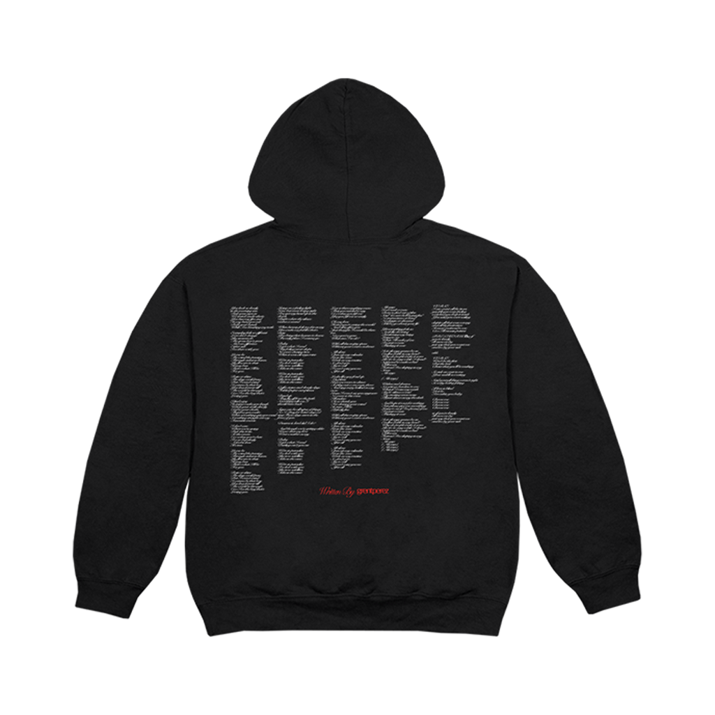 Black hoodie with lyrics on back written by grentperez
