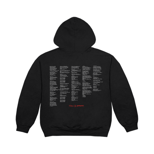 Black hoodie with lyrics on back written by grentperez