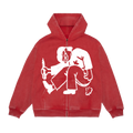 Red hoodie with white graphic design