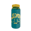 Teal water bottle with yellow lid and graphic design 