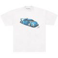 White t-shirt with a blue car graphic