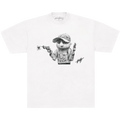 White t-shirt with black and white graphic of a character holding a gun