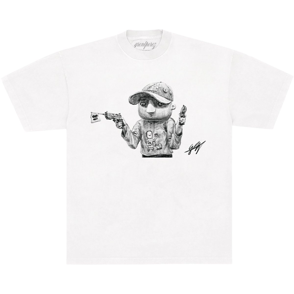 White t-shirt with black and white graphic of a character holding a gun
