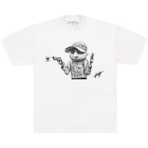 White t-shirt with black and white graphic of a character holding a gun